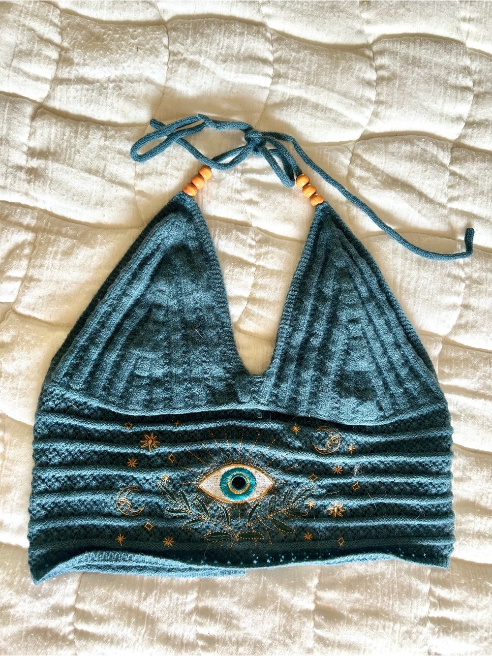 ROMWE Teal Embroidered Eye Halter Knit Crop Top with Beads